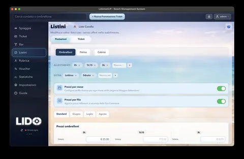Configurazione dei listini mensili in Lidomatic