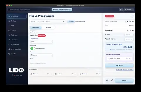 Schermata di creazione di una nuova prenotazione in Lidomatic