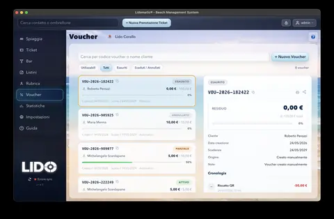 Gestione dei voucher con residuo e cronologia in Lidomatic