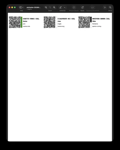 Foglio A4 di etichette QR generato dal gestionale di magazzino
