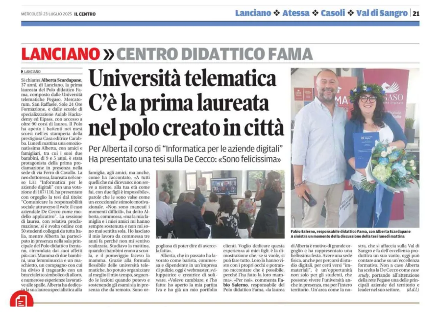 Pagina 21 de Il Centro del 23 luglio 2025, cronaca di Lanciano: l'articolo "Università telematica, c'è la prima laureata nel polo creato in città", con la foto della proclamazione di Alberta Scardapane